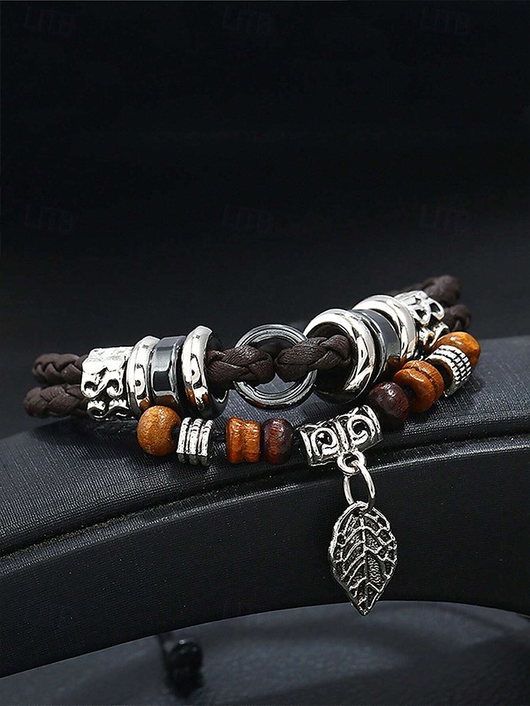 Men's Vintage Faux Leather Charm Bracelets with Wooden Beads and Silver Leaf Pendants - Bohemian Handmade Wristbands for Casual Wear 2025 - $8.99 –P2