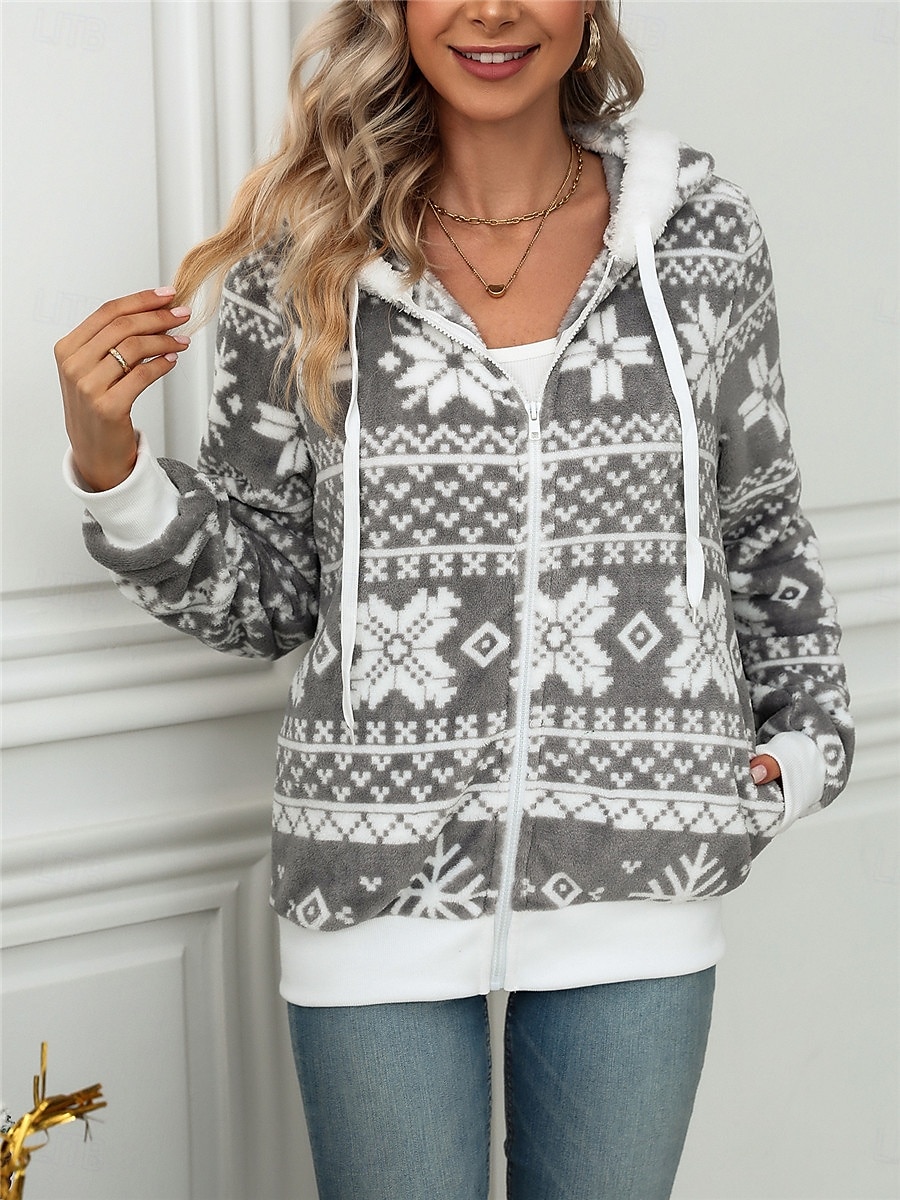 jaqueta de lã feminina com forro de sherpa e capuz com zíper completo, estampa de floco de neve de inverno, cinza e branco, aconchegante, quente, casual, vários tamanhos de 2025 por $50.99 –P3