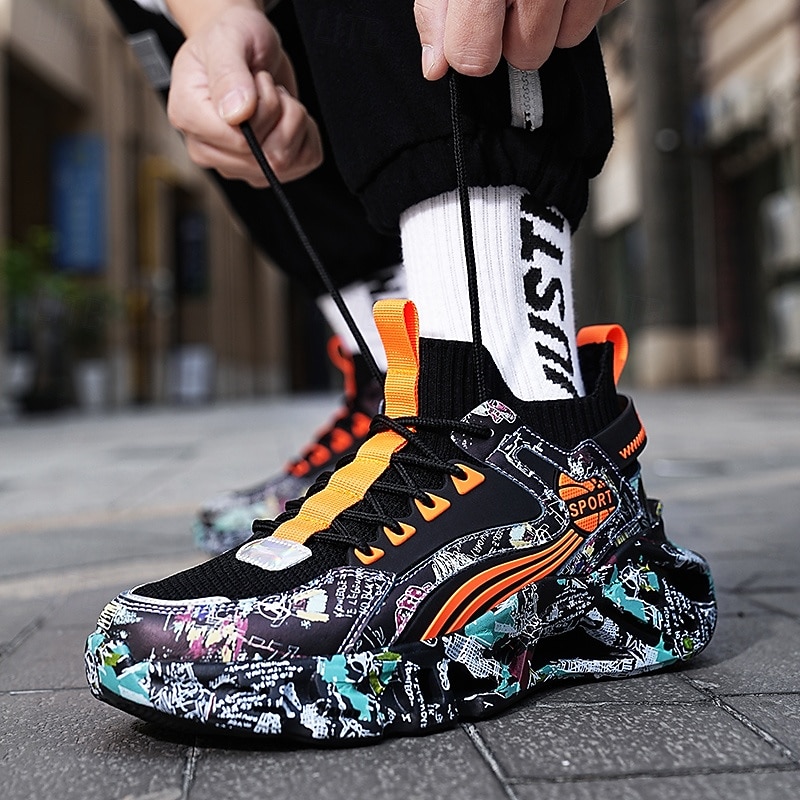 sneakers alte da uomo con motivo graffiti – scarpe sportive streetwear colorate con chiusura con lacci, tomaia in mesh traspirante per abbigliamento casual e sportivo del 2026 a $64.99 –P7