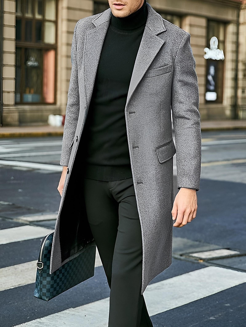Male Overcoat Coat Trench Coat Daily Wear Buckle Fall & Winter Solid / Plain Color Leisure Lapel Long Camel Black Gray Jacket 2025 - $48.99 –P5