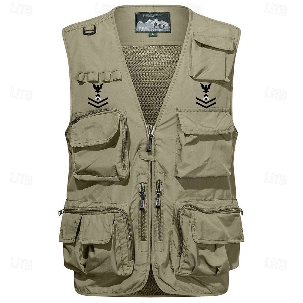 2026年 男性用 ベスト チョッキ ジレ フィッシングベスト ハイキング ベスト スポーツ・アウトドア フィッシング 写真撮影 キャンピング＆ハイキング カジュアル 秋 冬 メッシュ サイドポケット 速乾性 二重構造 ポリエステル ミリタリー 実践的 取り外し可能 グラフィック イーグル ノーカラー レギュラー カーキ色 アーミーグリーン ベスト  コレクション – $45.99 –P2