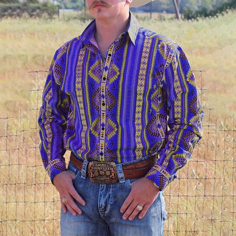 Herr Cowboy Västerländsk skjorta Knapp upp skjorta Cowboyskjorta Långärmad Mode Designer Ledigt Dagligen Höst vinter Nedvikt Skjortor med krage 3D-utskrift Framficka Gul Blå Purpur Grön Grå 2025 - $28.99 –P3