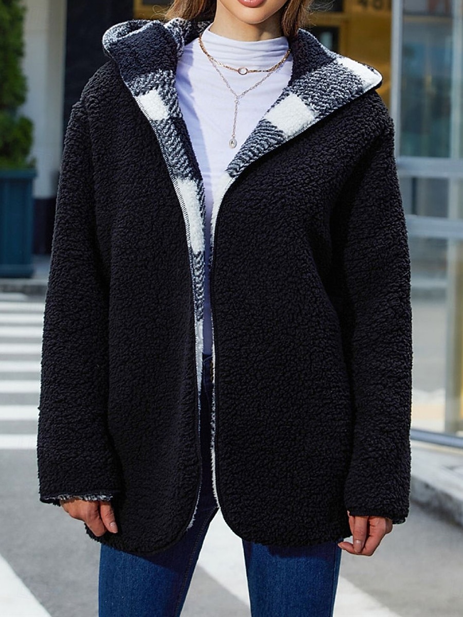 Per donna Giacca in pile Cappotto teddy Giacca con cappuccio Tenere al caldo Traspirante Tasche In pile Informale A quadri Da mare Strada Da tutti i giorni Per uscire Apertura anteriore Standard Felpa del 2025 a $62.99 –P7