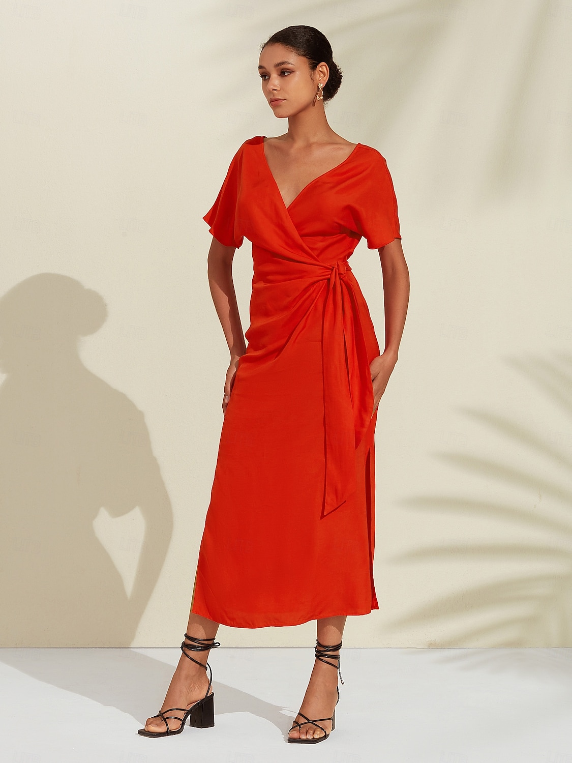 Robe midi portefeuille froncée en lin tencel pour femme orange rouge col en V de 2025 ? $119.99 –P4