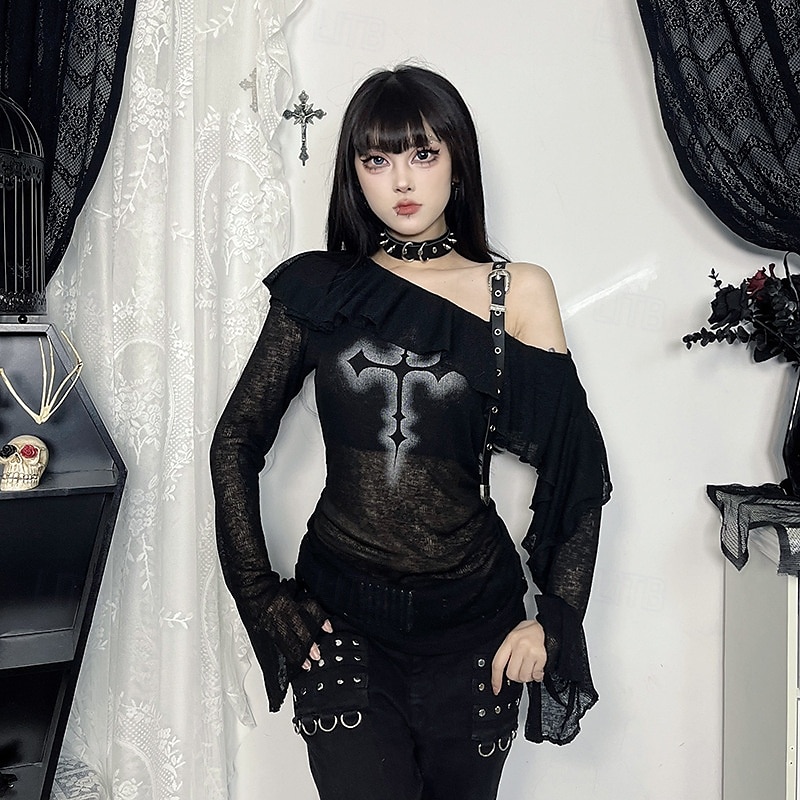 Punk & goottilainen Läpinäkyvä neulottu toppi Gootti tyttö Olkaimeton Risti Naamiaispuku Naisten Halloween Karnevaali Aikuisten Toppi 2025 - $29.99 –P4