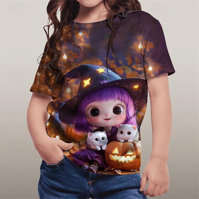 Flickor 3D Tecknat Pumpa T-shirt Kortärmad Sommar Vår Mode Grundläggande Barn 4-12 år Rund hals Utomhus Ledigt Dagligen Normal 2025 - NZ $21.79 –P2