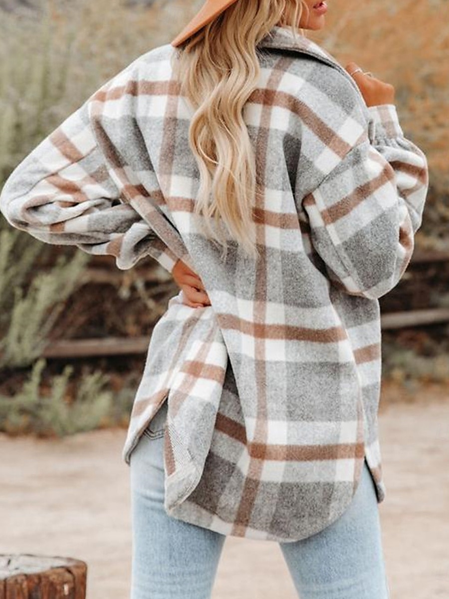 Women's Shirt Jacket Shacket Warm Breathable Buttons Pocket Print Casual Plaid Vacation Street Daily Wear Going out Single Breasted Regular Turndown Regular Fit Long Sleeve Outerwear Black Khaki 2025 - $47.99 –P3