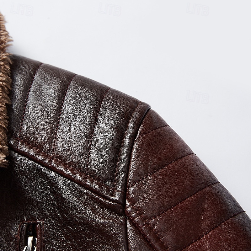 Herr Imitationsläderjacka Fleece-jacka Bikerjacka Motorcykeljacka Dagligen Semester Vindtät Håller värmen Ficka Höst vinter Slät Mode Klassisk Kavajslag Normal Svart Rubinrött Brun Kaffe Jacka 2025 - $86.99 –P16