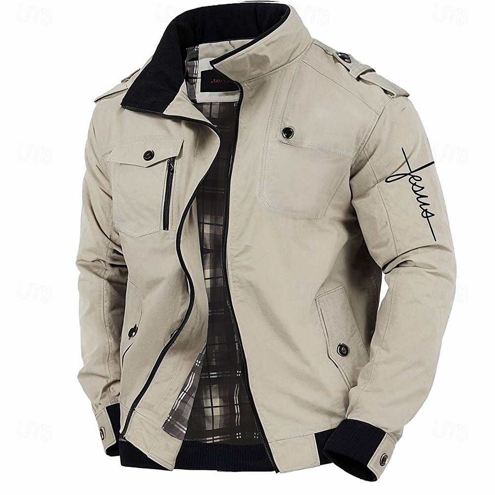 Homens Gráfico Com letras estampadas Jesus Jaqueta Bomber Blusão Casaco Tático Térmico / Quente Confortável Casual Esportes Acampar e Caminhar Bolsos laterais Zip Frente Outono Inverno Colarinho de 2025 por $44.99 –P1
