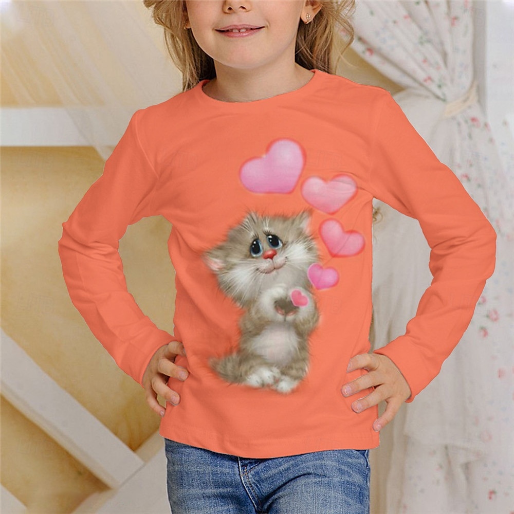 Flickor 3D Grafisk Djur Katt T-shirt Långärmad Vår Höst Mode Grundläggande Barn 4-12 år Rund hals Utomhus Ledigt Dagligen Normal 2025 - $13.99 –P6