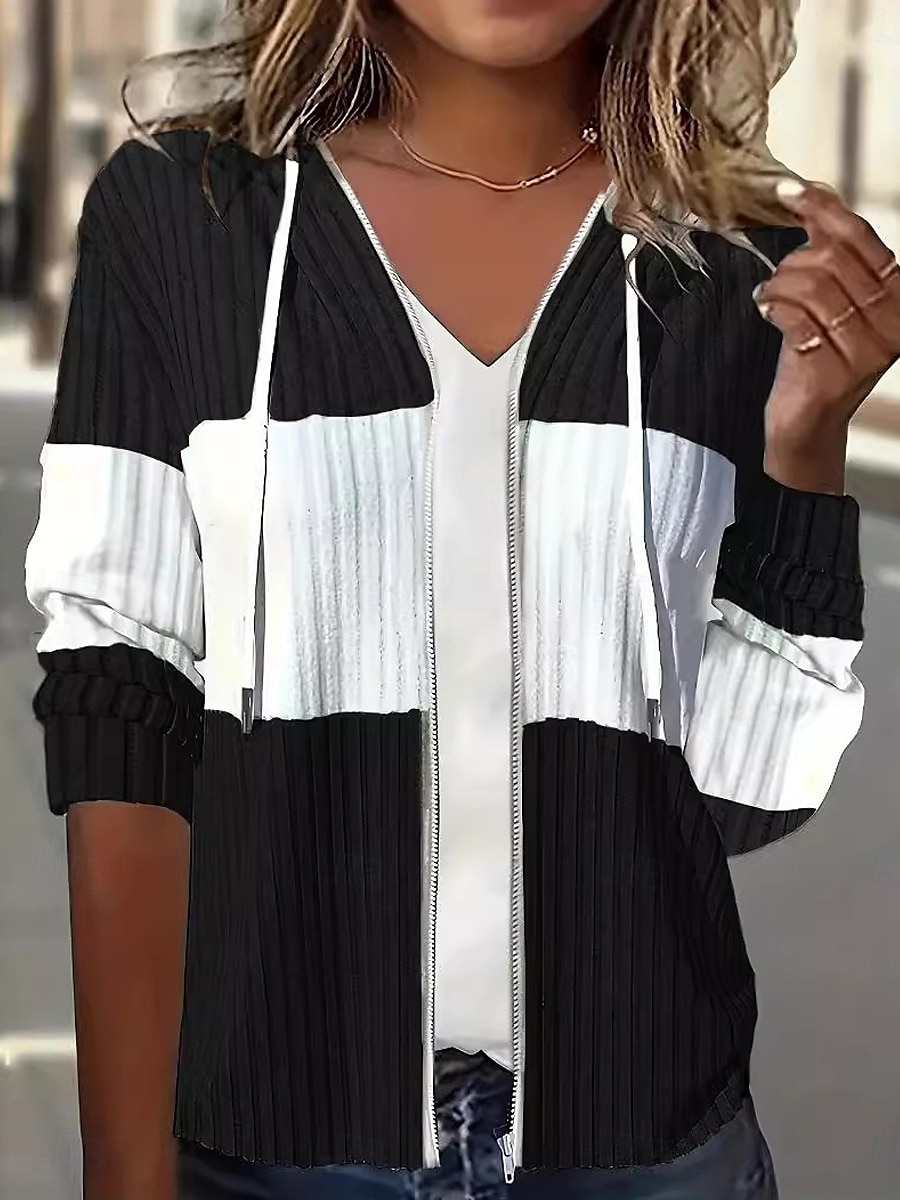 Women's Hoodied Jacket Dailywear Patchwork Color Block Warm Vintage Regular Fit Outerwear Long Sleeve Fall Black S 2025 - $29.99 –P4