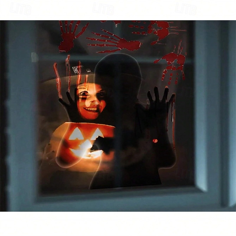 halloween samolepky na zeď - samolepicí skleněné dekorace na okna s rukama duchů, ženským duchem, krvavými otisky rukou a stopami 2025 - $9.49 –P5