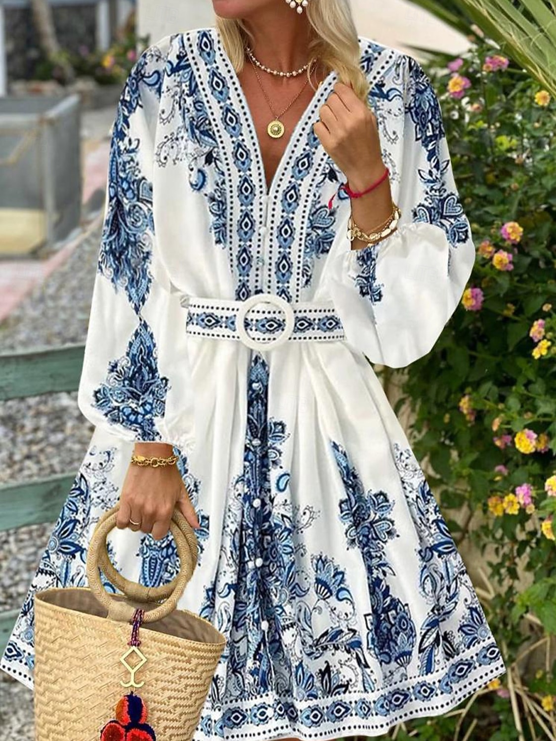 Dámské Midi šaty Áčkové šaty Boho šaty Elegantní Denní Běžný Květinový Geleneksel Dlouhý rukáv Do V Vodní modrá Jaro Podzim Zima 2025 - $41.99 –P1