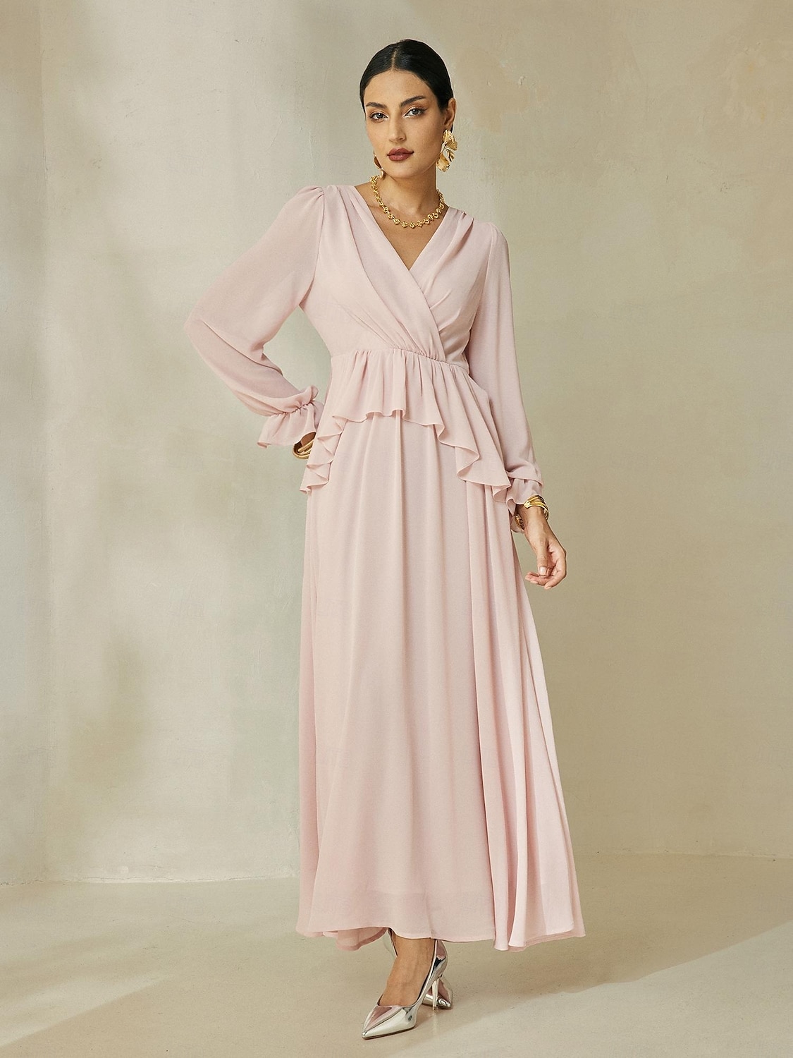 ruffle-trim chiffon faux-wrap bridesmaid dress Samantha Romantic Ruffles V Neck Chiffon Bridesmaid Dresses, Ivory