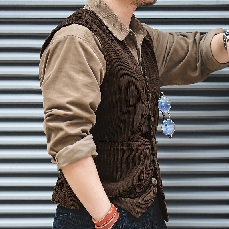 2025年 男性用 ベスト ジレ 日常 デート バケーション ファッション カジュアル 春 & 秋 ボタン ポケット ポリエステル コーデュロイ 快適 平織り シングルブレスト 一つボタン Vネック レギュラー ブラック アーミーグリーン ダークブルー コーヒー ベスト コレクション – $38.99 –P2