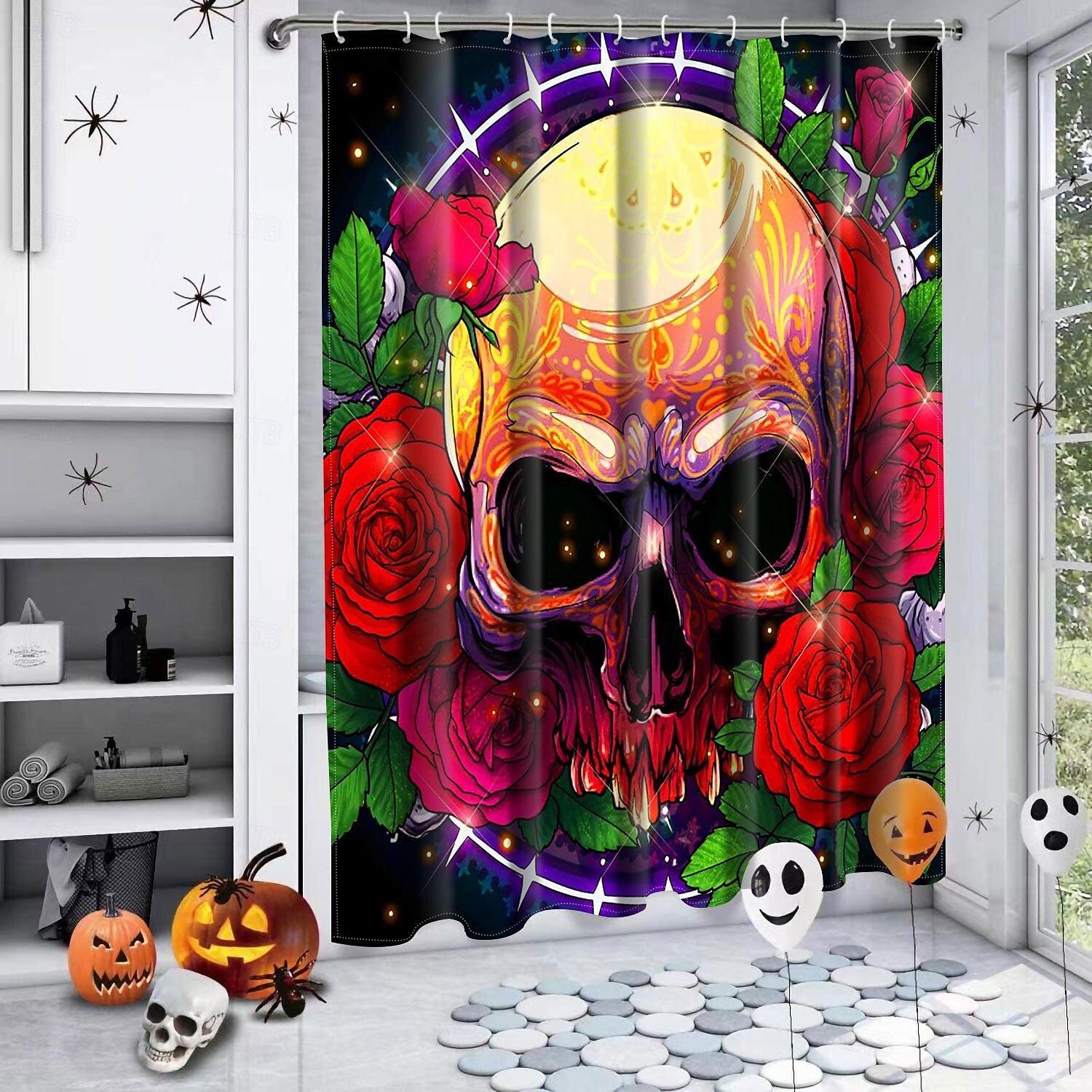 cortina de chuveiro de halloween com ganchos para banheiro cortina de chuveiro de caveira conjunto de decoração de banheiro poliéster à prova d'água pacote com 12 ganchos de plástico cabeças de de 2025 por $21.99 –P2