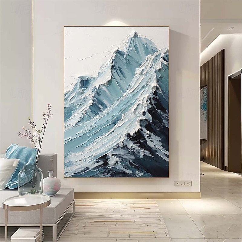 blau-weißes Schneegemälde, handgemachtes Berggemälde, dickes strukturiertes Kunstwerk, Ölgemälde, handgemaltes Berggemälde mit Palettenmesser, personalisiertes 3D-Ölgemälde, Wohndekor 2025 - $116.99 –P1
