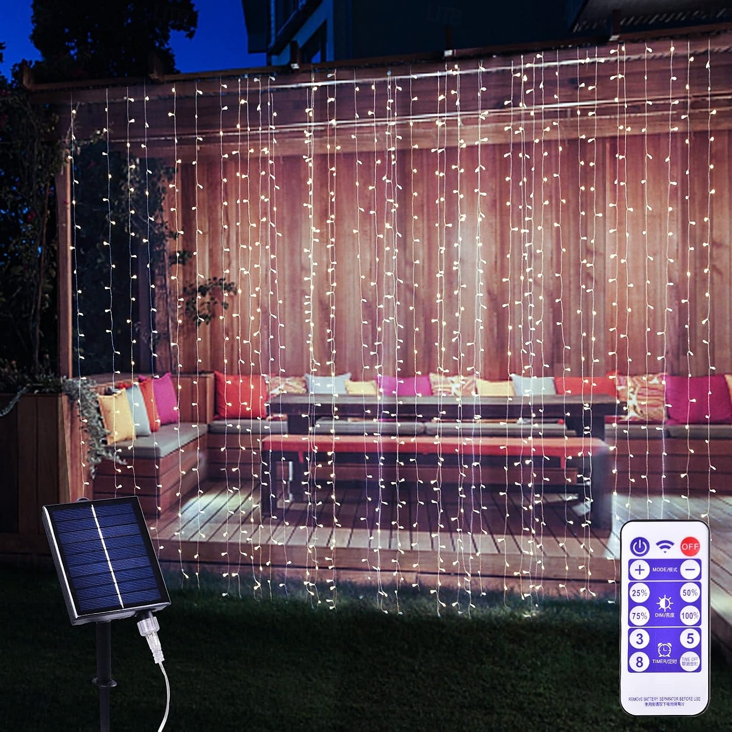 zonne-energie gordijnverlichting buiten afstandsbediening 8 standen verlichting lichtsnoer 3x3m 300leds ip65 waterdicht lichtsnoer kerstfeest bruiloft huis tuin muur woonkamer slaapkamer decoratie 2025 - $34.99 –P12