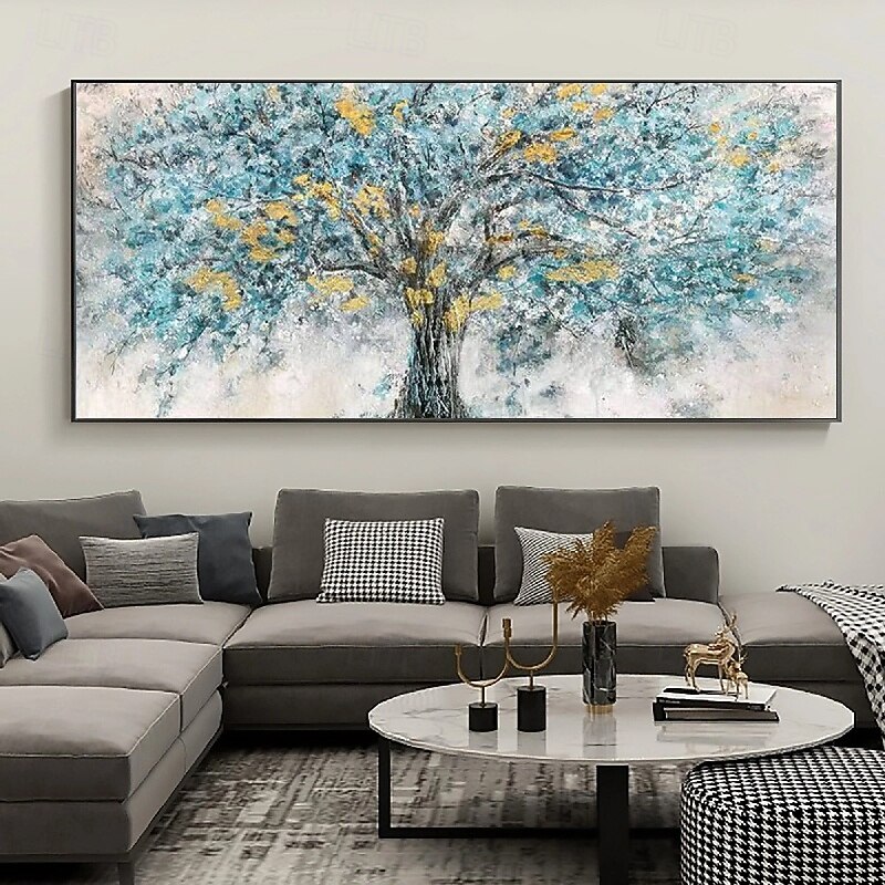 extra großes handgemaltes abstraktes Blumenölgemälde handgemachte Wandkunst große Spachtellandschaftsgemälde Frühlingsgold-Bule-Blumengemälde moderne dekorative Baumgemälde Raumkunst 2025 - $61.99 –P3