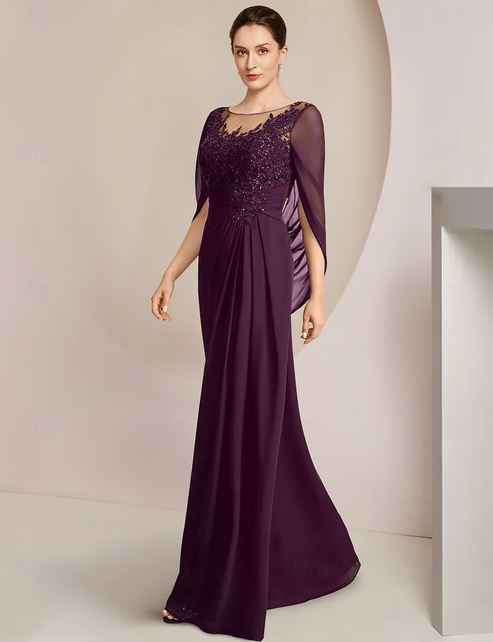 Abito Sheath Madre della Sposa Abito Elegante Collo Gioiello Lunghezza Piena Chiffon Manica Mezza con Pizzo Drappeggiato Laterale a Colore Solido taglia personalizzata gratuita del 2025 a $197.99 –P5
