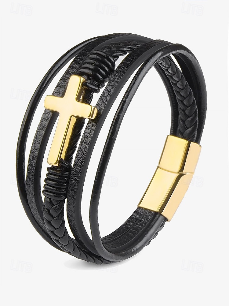 Schwarzes Lederarmband für Herren mit silbernem Kreuz – christliches religiöses Armband, verstellbarer Magnetverschluss 2025 - $11.99 –P9