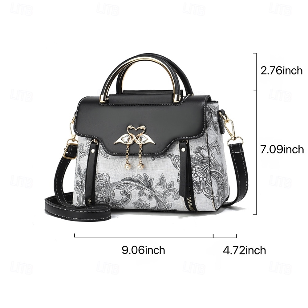 Women's Elegant Swan Pendant Handbag - Black and White Paisley Design with Gold Accents and Adjustable Strap 2025 - $32.99 –P3