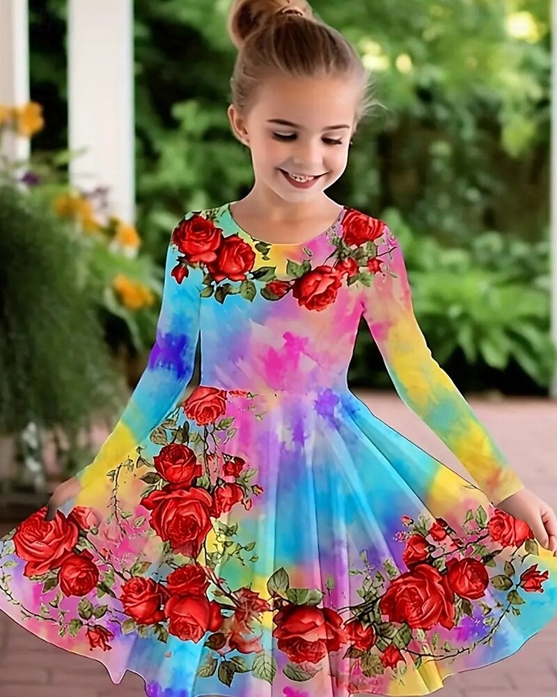 Pääsiäinen Tyttöjen 3D Ruusu Kuvitettu Mekko Pitkähihainen Kesä Kevät Loma Päivittäin Pyhäpäivä Prinsessa Kaunis Makea Lapset 4-12 vuotta Rento mekko A linjainen mekko Polvipituinen Normaali 2025 - $16.99 –P1