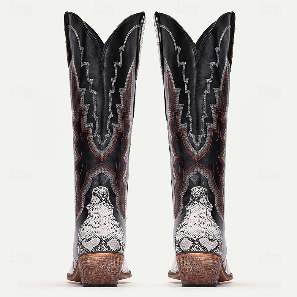 bottes de cowboy western pour hommes – similicuir noir avec accents d'imprimé serpent, détails brodés et talon bottier, parfaites pour le rodéo, les événements country et les tenues décontractées de 2025 ? $69.99 –P3