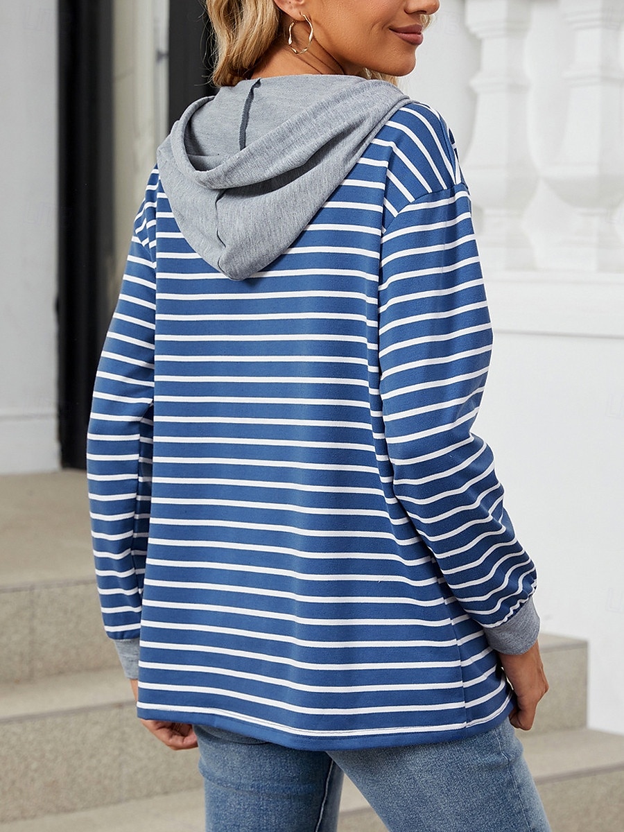 Damen Kapuzenpullover Sweatshirt Casual Streifen Street Alltag Kapuzenpullover Knöpfe Print Langarm Marineblau Grün Herbst Winter 2025 - $41.99 –P2