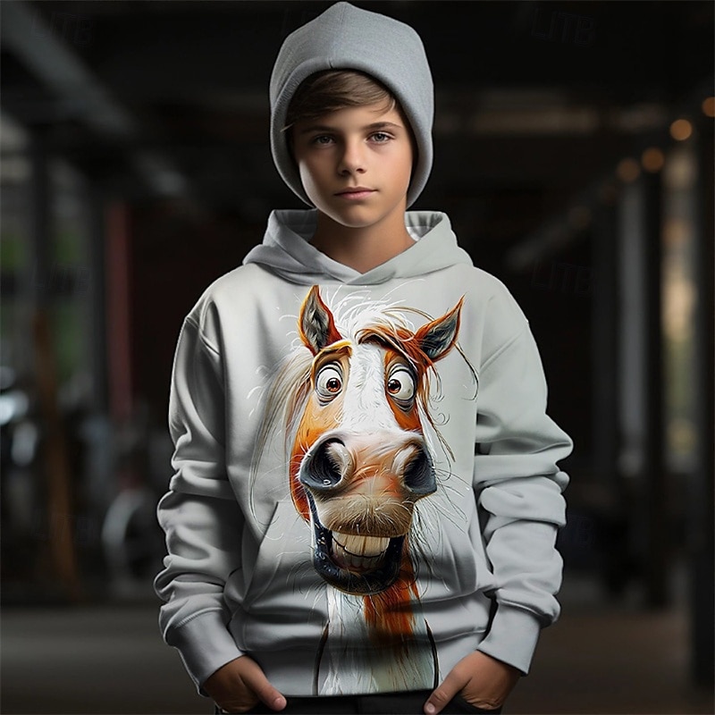 للصبيان 3D الرسم حيوان حصان هوديي كم طويل الربيع الخريف موضة أناقة الشارع أطفال 4-12 سنة مع قبعة الأماكن المفتوحة فضفاض مناسب للبس اليومي عادي 2025 - $18.99 -P2