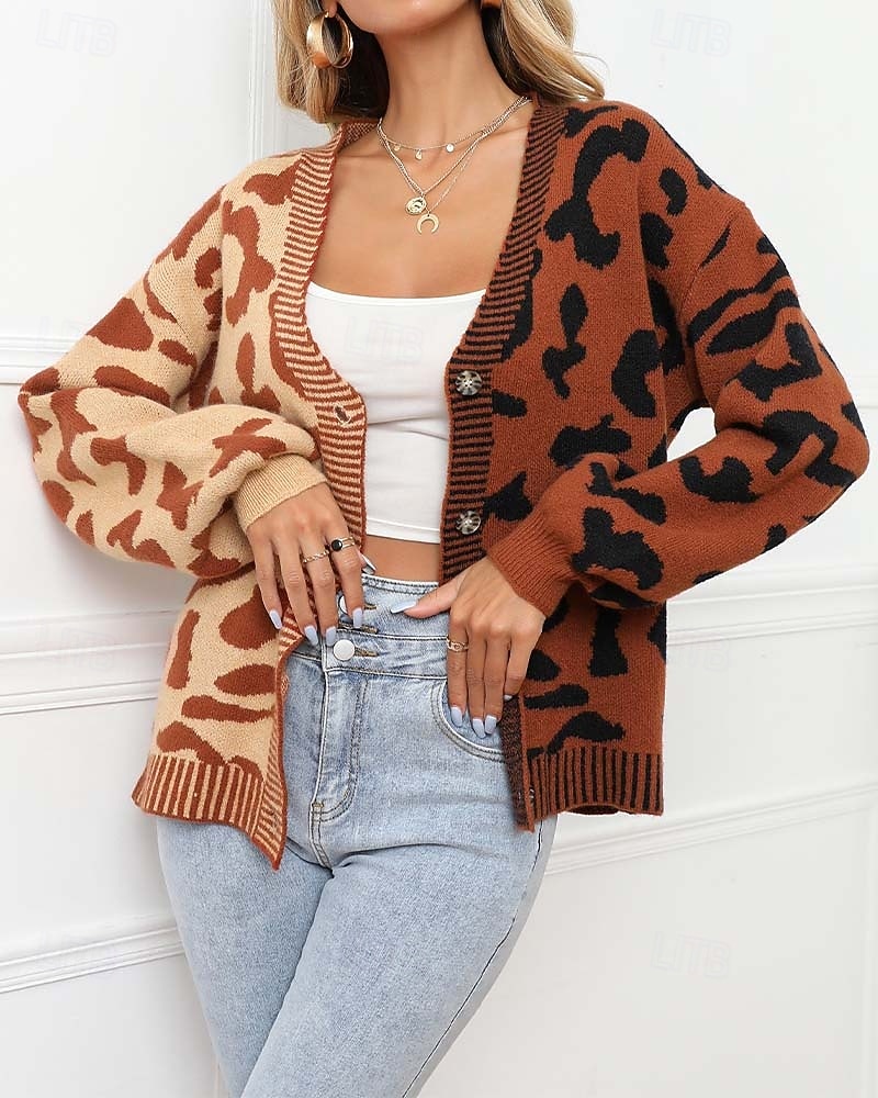 Damen Strickjacke Modisch Täglich Brautkleider schlicht Leopard Farbblock Bedruckt Öffnung vorne Strick Langarm Normale Oberteile Stricken Formal Heim Rote Braun Herbst Winter 2025 - $37.99 –P1