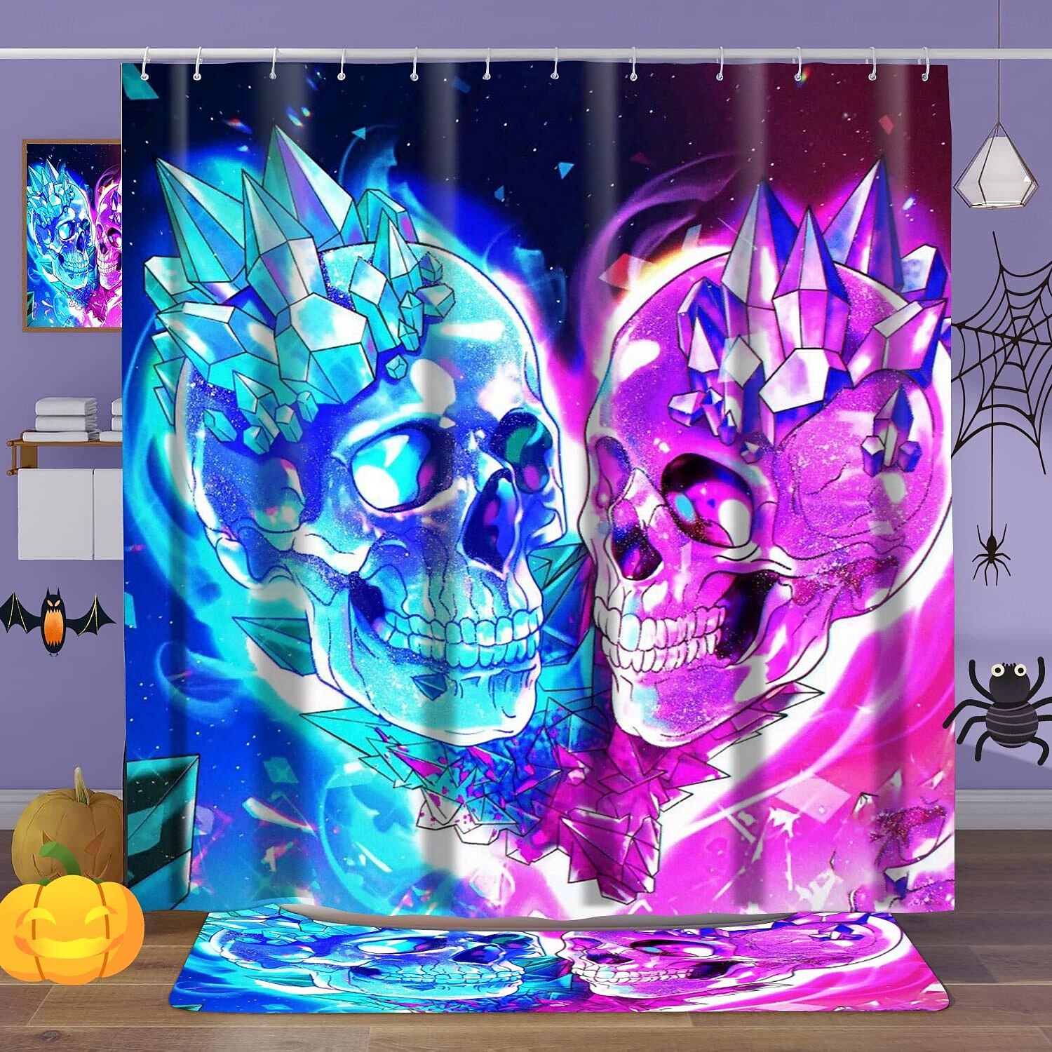 cortina de chuveiro de halloween com ganchos para banheiro cortina de chuveiro de caveira conjunto de decoração de banheiro poliéster à prova d'água pacote com 12 ganchos de plástico cabeças de de 2025 por $21.99 –P6