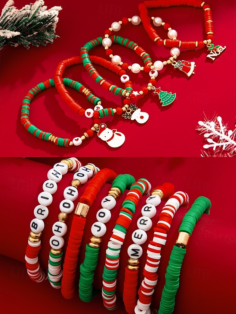 Χριστουγεννιάτικο σετ βραχιολιών με χάντρες γούρι – εορταστικά κόκκινα, πράσινα και λευκά στοιβαγμένα βραχιόλια με γούρια Άγιου Βασίλη, δέντρου και δώρων – ιδανικό για τη μόδα και τα δώρα των γιορτών 2025 - $11.99 –P6