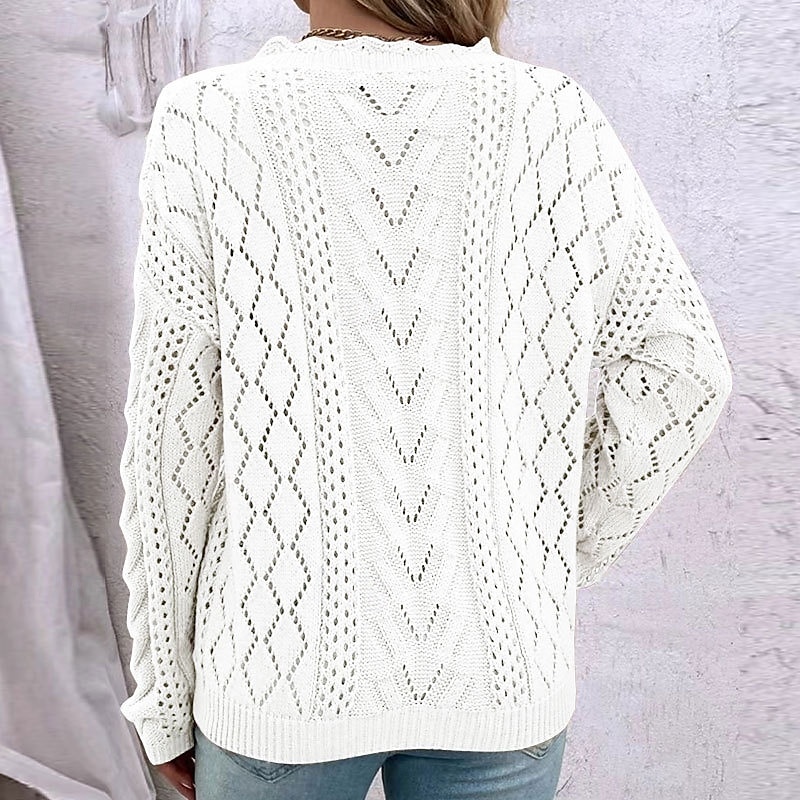 Dame Genser Pullover genser Fritid Geometrisk Heklet V-hals V-hals Langermet Vanlige topper Strikke utendørs Daglig Helg Hvit Kakifarget Høst Vinter 2025 - $35.99 –P6