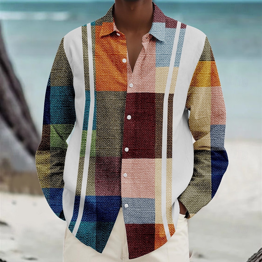 Miesten Geometrinen printti Geometrinen Rantapaita Button Up paita Pitkähihainen Havaijilainen Vapaa-aika Loma Päivittäin Syksy Talvi Kevät kesä Kauluspaidat 3D-tulostus Violetti Sininen Apila 2025 - $24.99 –P1