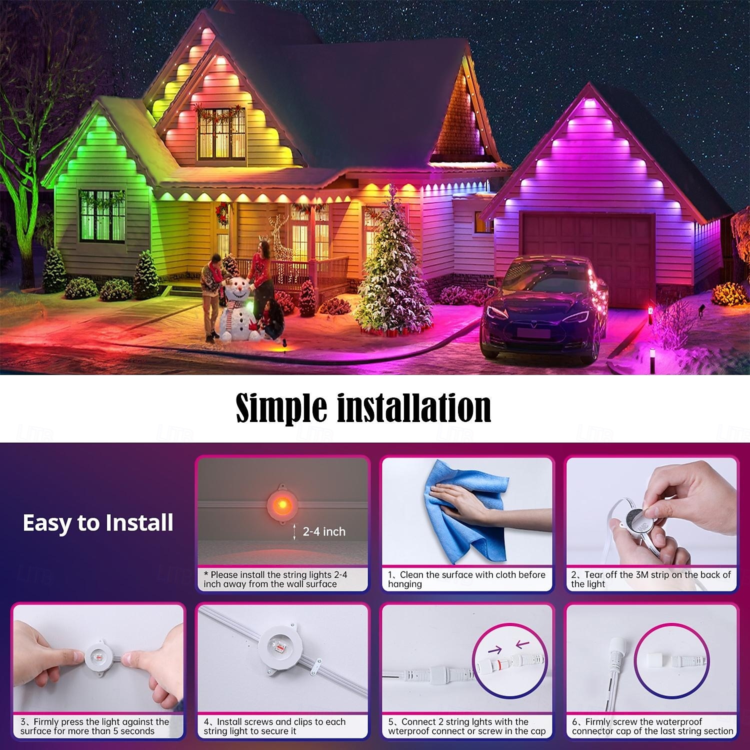 USB-interface zwart permanent dakrandlicht, led-lichtsnoer eeuwigheidsverlichting 49ft 50 leds met bluetooth-app met IR44-toetscontroller RGB-intelligent licht IP65 waterdicht dak kerstvakantie buiten 2025 - $104.99 –P7