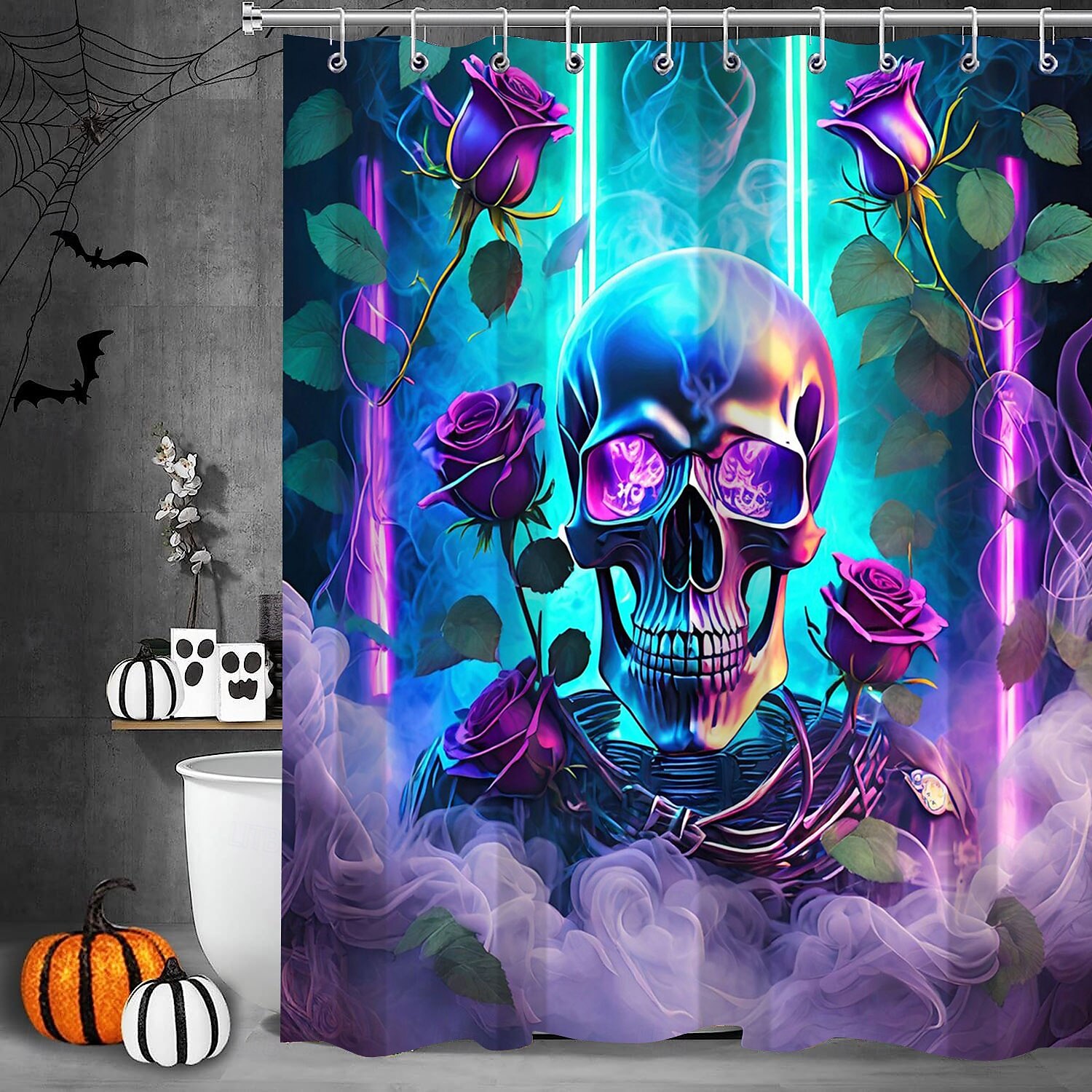 cortina de chuveiro de halloween com ganchos para banheiro cortina de chuveiro de caveira conjunto de decoração de banheiro poliéster à prova d'água pacote com 12 ganchos de plástico cabeças de de 2025 por $21.99 –P8
