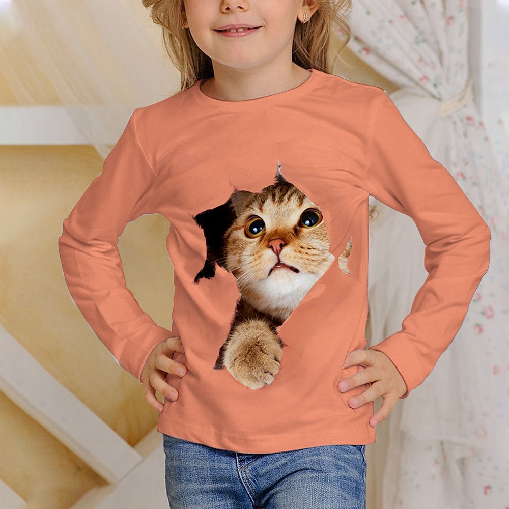 Flickor 3D Grafisk Djur T-shirt Långärmad Vår Höst Mode Grundläggande Barn 4-12 år Rund hals Utomhus Ledigt Dagligen Normal 2025 - $13.99 –P4