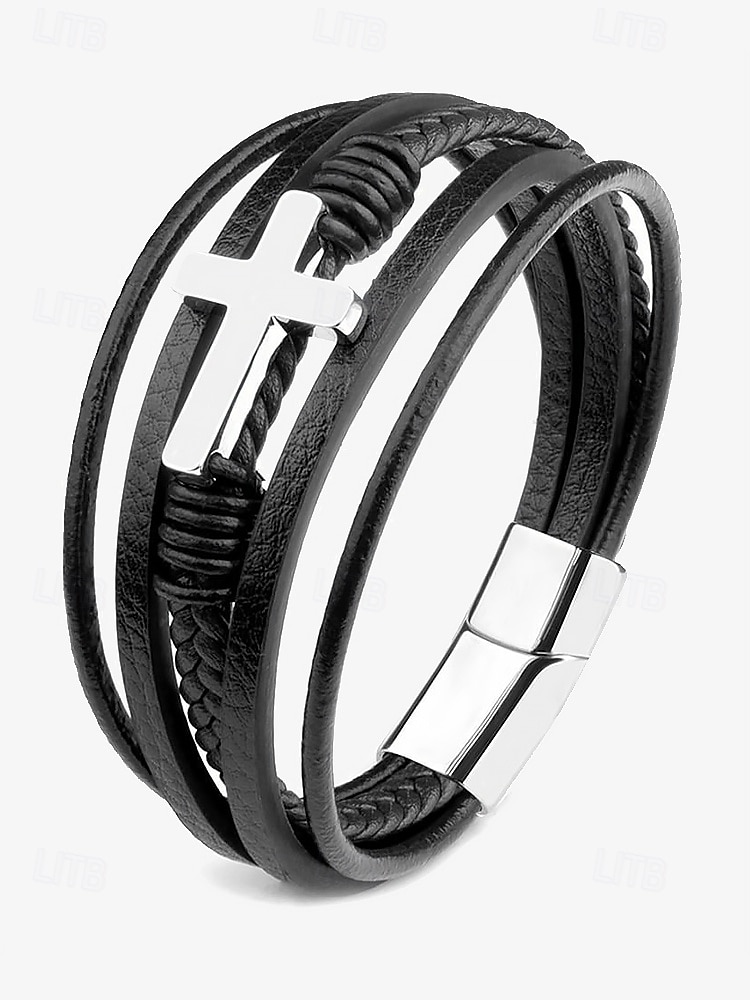 Schwarzes Lederarmband für Herren mit silbernem Kreuz – christliches religiöses Armband, verstellbarer Magnetverschluss 2025 - $11.99 –P8