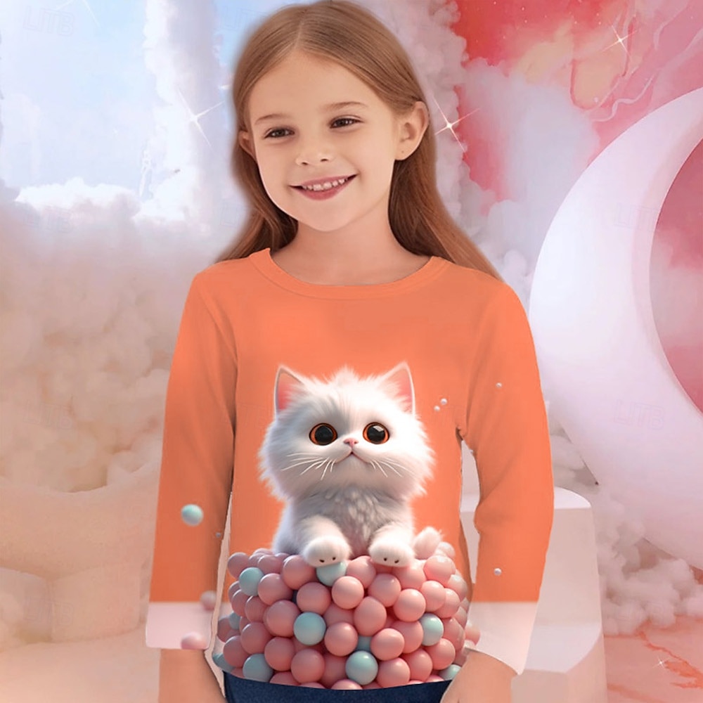 Flickor 3D Grafisk Djur Katt T-shirt Långärmad Vår Höst Mode Grundläggande Barn 4-12 år Rund hals Utomhus Ledigt Dagligen Normal 2025 - $13.99 –P1