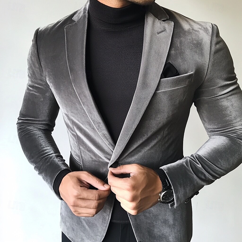 Chaqueta de hombre de terciopelo abrigo deportivo blazer moda casual en color sólido gris de ajuste estándar de un solo botón 2025 - $74.99 –P2