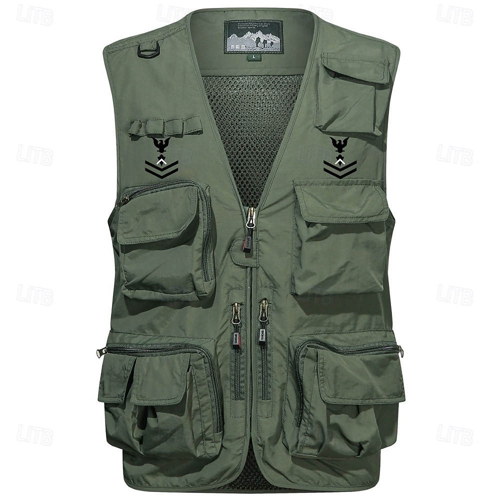 2026年 男性用 ベスト チョッキ ジレ フィッシングベスト ハイキング ベスト スポーツ・アウトドア フィッシング 写真撮影 キャンピング＆ハイキング カジュアル 秋 冬 メッシュ サイドポケット 速乾性 二重構造 ポリエステル ミリタリー 実践的 取り外し可能 グラフィック イーグル ノーカラー レギュラー カーキ色 アーミーグリーン ベスト  コレクション – $45.99 –P1