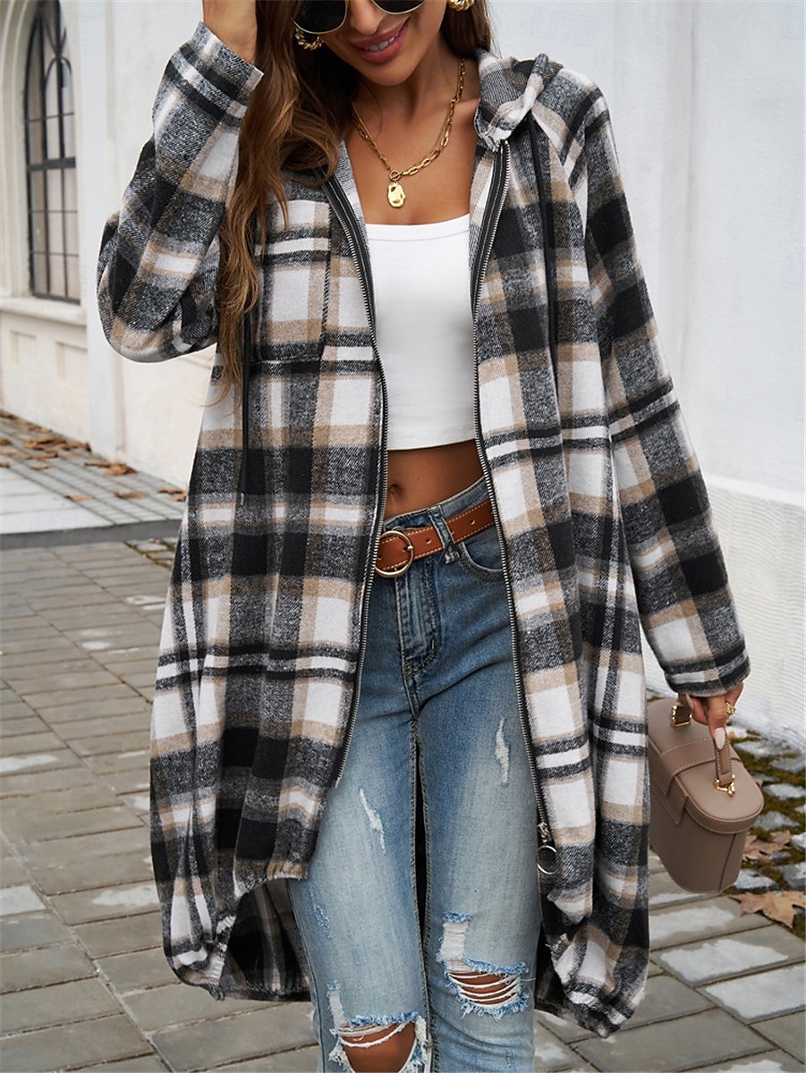 Mujer Chaqueta con capucha Exterior Calle Ropa Cotidiana Otoño Invierno Largo Abrigo Ajuste regular Mantiene abrigado Transpirable Elegante Casual Chaquetas Manga Larga Rayas y Cuadros Con bolsillos 2025 - $32.99 –P10