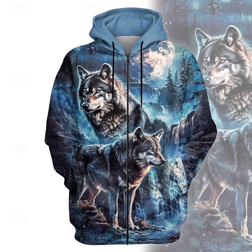 Hombre Lobo Sudadera Sudaderas Sudadera Manga Larga Sudadera con capucha Con Capucha Moda Impresión 3D Festivos Viaje Azul Piscina Cremallera Bolsillo Correa Otoño Invierno Diseñador 2025 - $30.99 –P1