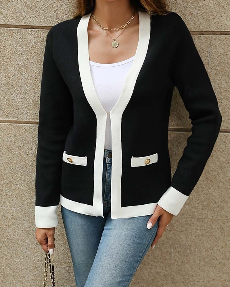 Damen Strickjacke Modisch Täglich Farbblock V Ausschnitt Strick Langarm Normale Oberteile Stricken Arbeit Weiß / Schwarz Intensives Rosa Herbst Winter 2025 - $52.99 –P1
