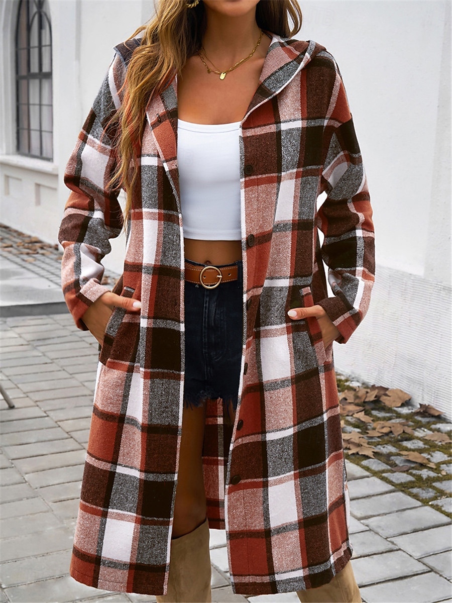 Per donna Giacca con cappuccio Esterno Strada Da tutti i giorni Autunno Inverno Lungo Cappotto Standard Tenere al caldo Traspirante Moda Informale Giacca Manica lunga Righe e Plaid Con tasche Stampa del 2025 a $38.99 –P5