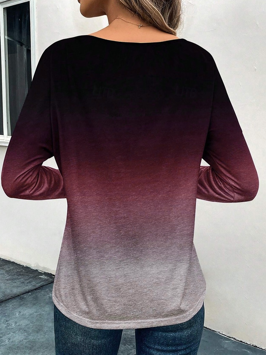 Dames T-shirt Kleurgradatie Modieus Casual Lange mouw Ronde hals Normale tops Dagelijks Weekend Afdrukken Rood blauw Paars Grijs Lente & Herfst 2025 - $23.99 -P7
