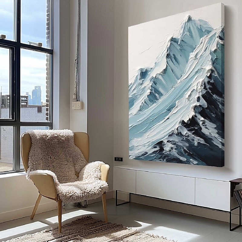 blau-weißes Schneegemälde, handgemachtes Berggemälde, dickes strukturiertes Kunstwerk, Ölgemälde, handgemaltes Berggemälde mit Palettenmesser, personalisiertes 3D-Ölgemälde, Wohndekor 2025 - $116.99 –P3