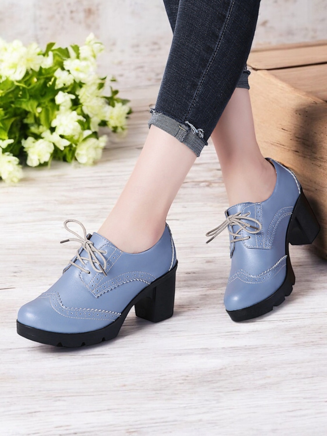 női világoskék fűzős brogue vaskos sarkú oxford cipő – vintage ihletésű platformsarkú hétköznapi és irodai viselethez 2025 - $54.99 –P5