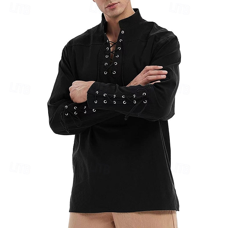 Men's Shirt Linen Shirt Popover Shirt Casual Shirt Cotton Shirt Plain Streetwear Vacation White Wine Navy Blue Brown Long Sleeve Stand Collar Spring &  Fall Clothing Apparel Lace up 2026 - $28.99 –P8